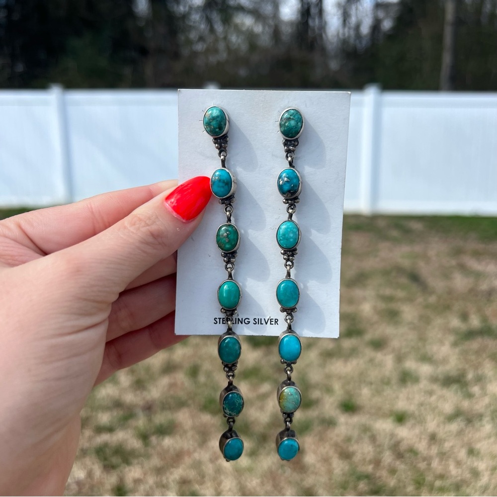Navajo Handmade Kingman Turquoise 5” Drop Earrings